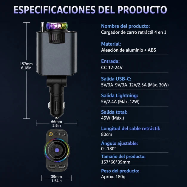 Cargador de Carro 4en1 Retráctil — Carga Rápida 45W + Aromaterapia + Luz Estelar