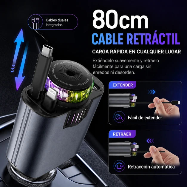 Cargador de Carro 4en1 Retráctil — Carga Rápida 45W + Aromaterapia + Luz Estelar