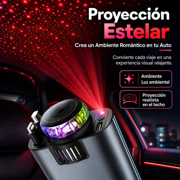 Cargador de Carro 4en1 Retráctil — Carga Rápida 45W + Aromaterapia + Luz Estelar