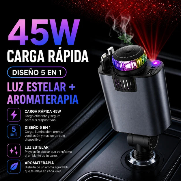 Cargador de Carro 4en1 Retráctil — Carga Rápida 45W + Aromaterapia + Luz Estelar